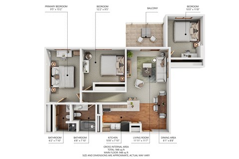 A floor plan of an apartment with a living room, dining area, kitchen, and four bedrooms.